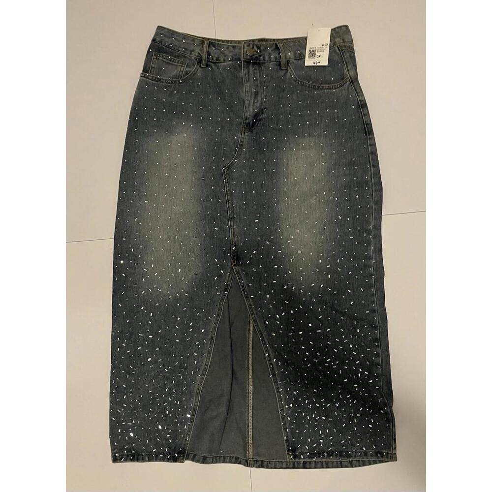 Forever 21+ Blue Denim Maxi Skirt with Rhinestone Detail Size 0X